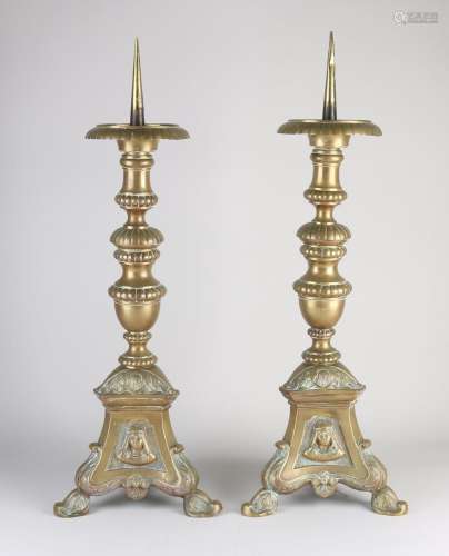Two large church candlesticks, H 69 cm.