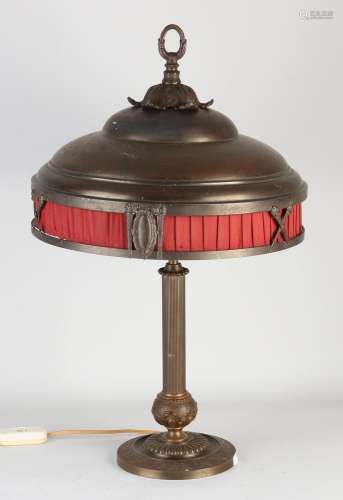 Antique copper table lamp, H 58 cm.