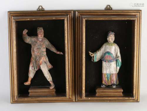 2x Antique temple figure in shadow box