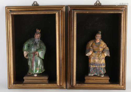 2x Antique temple figure in shadow box