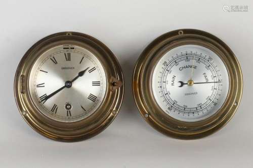 Old brass Observer ship's clock + barometer
