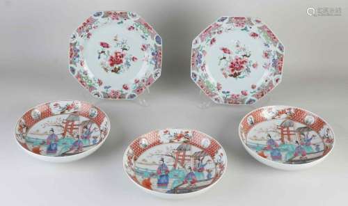 Five Chinese plates Ø 21 - 22 cm.