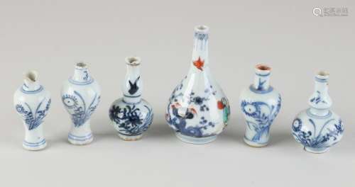 Six Chinese miniature vases, H 6 - 9 cm.