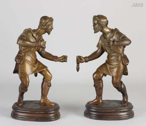 Two antique bronze figures, H 27 cm.