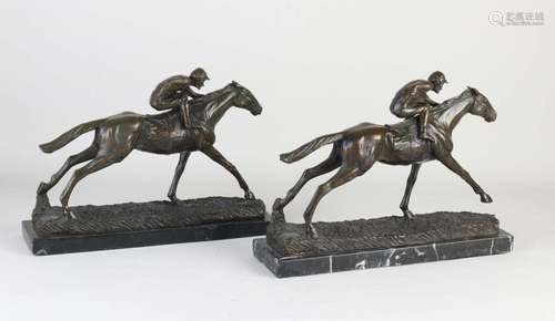 Two bronze statues, Jockeys on horseback