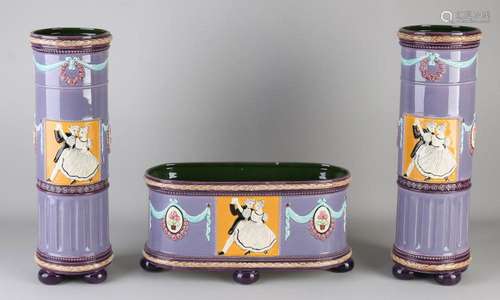 3-piece antique majolica vase set