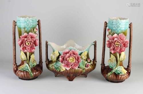 3-piece majolica vase set