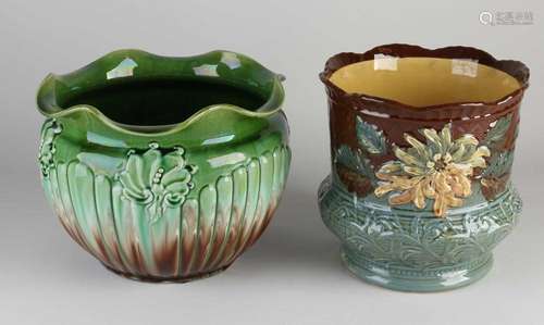 Two majolica flower pots, 1910