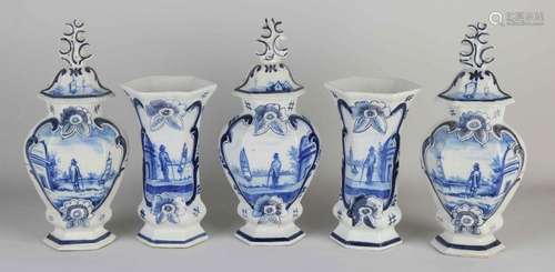 Five-piece antique Delft garniture, H 18 - 26 cm.