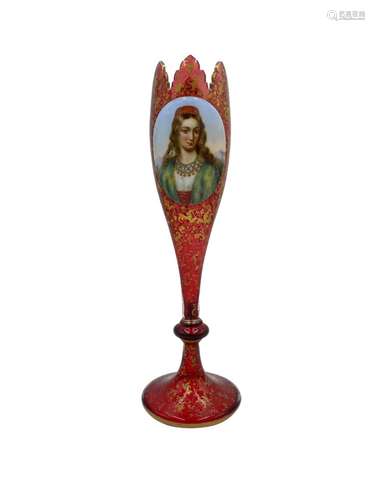 A bohemian glass vase with a portrait painting of an Orienta...