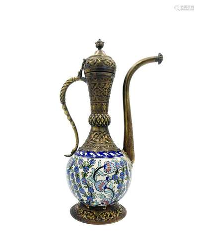 A Kutahya ceramic and copper polychrome ewer