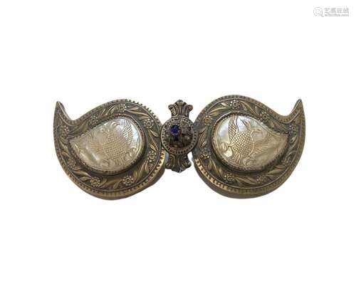 Greek white metal buckle decorated with mother of pearl doub...