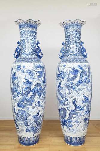 PAIR OF MONUMENTAL BLUE-WHITE DRAGON VASES