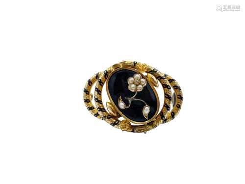 A mid Victorian gold diamond, split pearl and enamel brooch