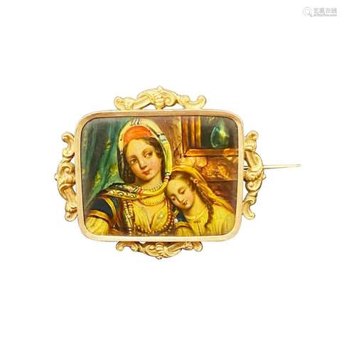 A 14k gold German brooch, a Greek mother and her child