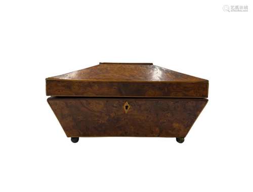 A 19th century English Regency inlaid burl elm tea caddy