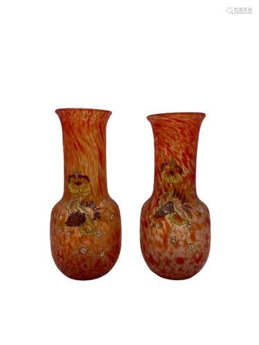 A pair of red Legras French Art Nouveau enameled art glass v...