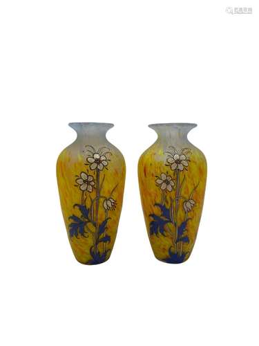 A pair of yellow Legras French Art Nouveau enameled art glas...