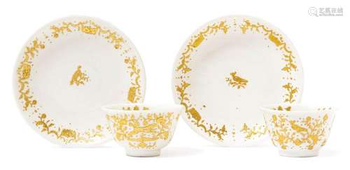 TWO RARE BÖTTGER PORCELAIN TEA BOWLS WITH GOLD ENAMEL N RELI...