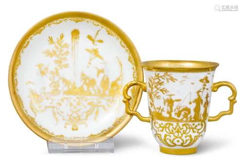 CHOCOLATE CUP AND SAUCER WITH GILT CHINOISERIE DECORATION
