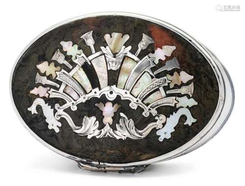 TORTOISESHELL TOBACCO BOX WITH SILVER MOUNTS AND MOTHER-OF-P...