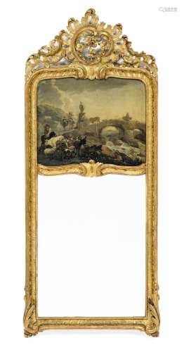TRUMEAU MIRROR WITH LANDSCAPE PAINTING AND GROUP OF FIGURES