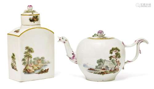 TEAPOT AND TEA CADDY WITH LANDSCAPE PAINTING