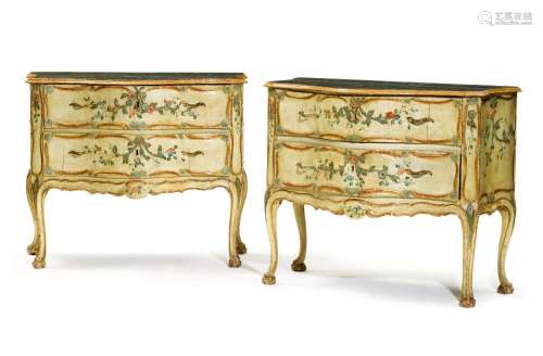 RARE PAIR OF PAINTED AND CARVED COMMODES