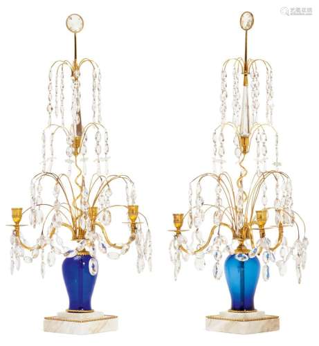 PAIR OF CANDELABRAS WITH CRYSTAL-GLASS HANGINGS