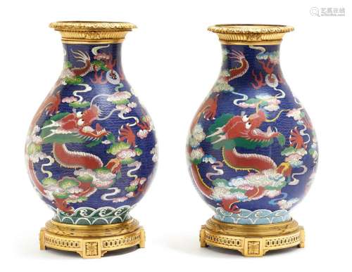 A PAIR OF CLOISONNÉ ENAMEL BALUSTER-SHAPED VASES WITH BRONZE...