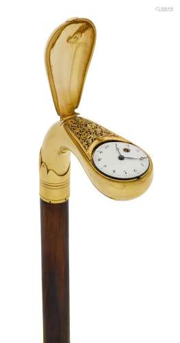 WALKING STICK WITH GOLD GRIP AND INTEGRATED WATCH