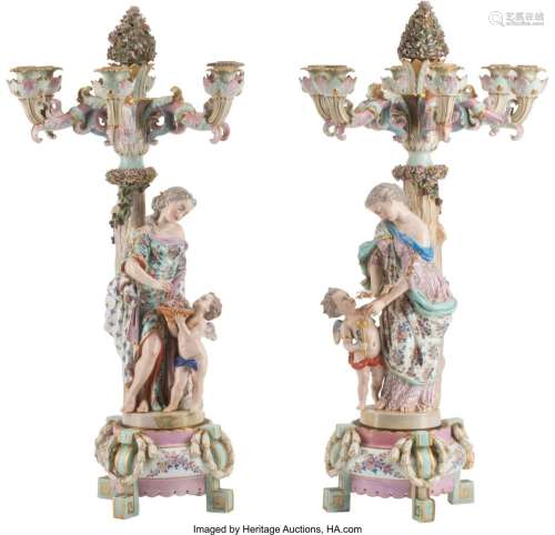 A Pair of Meissen Porcelain Six-Light Figural Ca