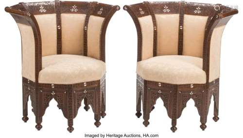 A Pair of Moorish Inlaid and Upholstered Barrel