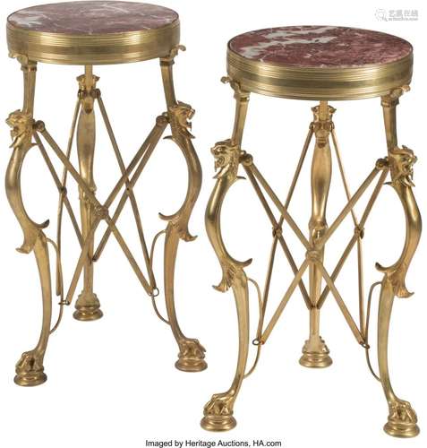 A Pair of French Gilt Bronze Gueridons with Marb