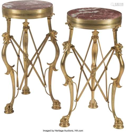 A Pair of French Gilt Bronze Gueridons with Marb