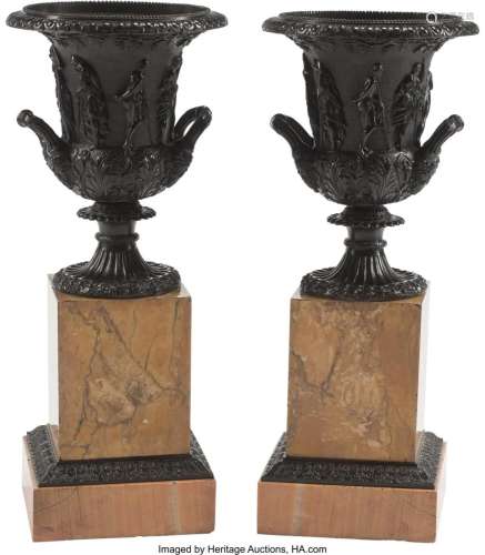 A Pair of French Empire Patinated Bronze Urns on
