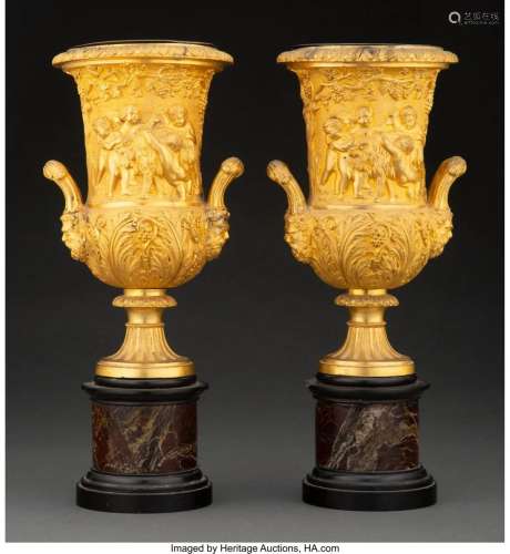 A Pair of Gilt Bronze Urns on Marble Stands, ear