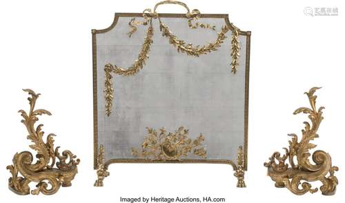 A French Gilt Bronze Fire Screen and Pair of Che