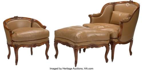 A Three-Piece French Provincial Walnut Leather U