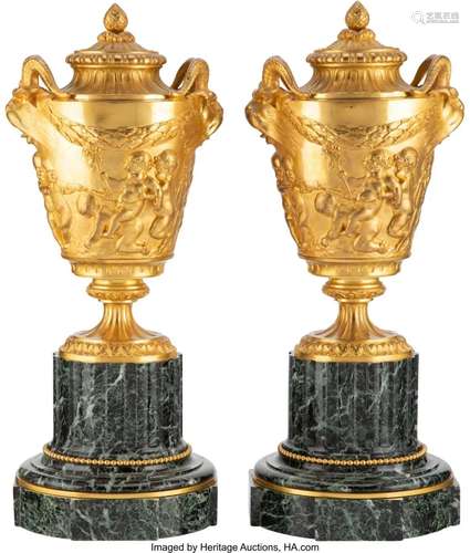 A Pair of French Gilt Bronze Covered Urns on Mar