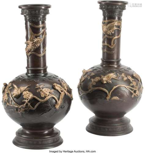 A Pair of Japanese Partial Gilt and Patinated Br