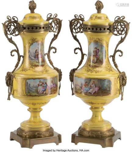 A Pair of French Sevres-Style Gilt Bronze-Mounte