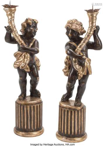 A Pair of Italian Carved Partial Giltwood Figura