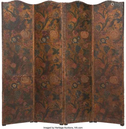 A Four-Panel Tooled and Painted Leather Screen 7