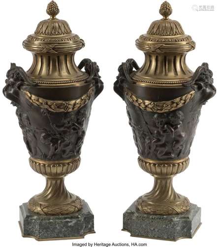 A Pair of French Gilt and Patinated Bronze Urns