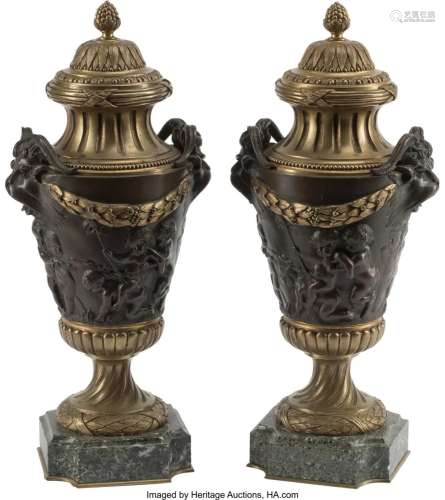 A Pair of French Gilt and Patinated Bronze Urns