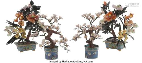 Two Pairs of Chinese Jade and Hardstone Trees in