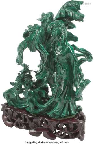 A Chinese Carved Malachite Figural Group on a Wo