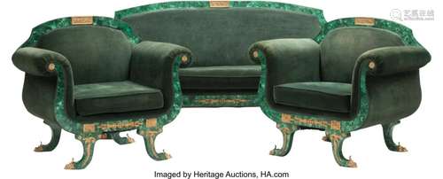 A Three-Piece French Empire-Style Malachite Vene