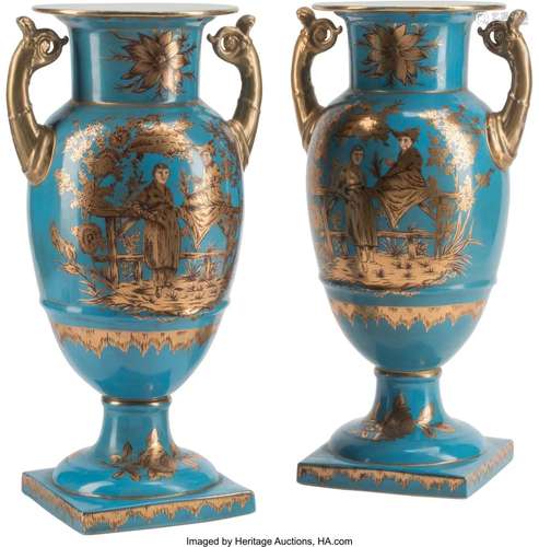 A Pair of Paris Porcelain Chinoserie Two-Handled